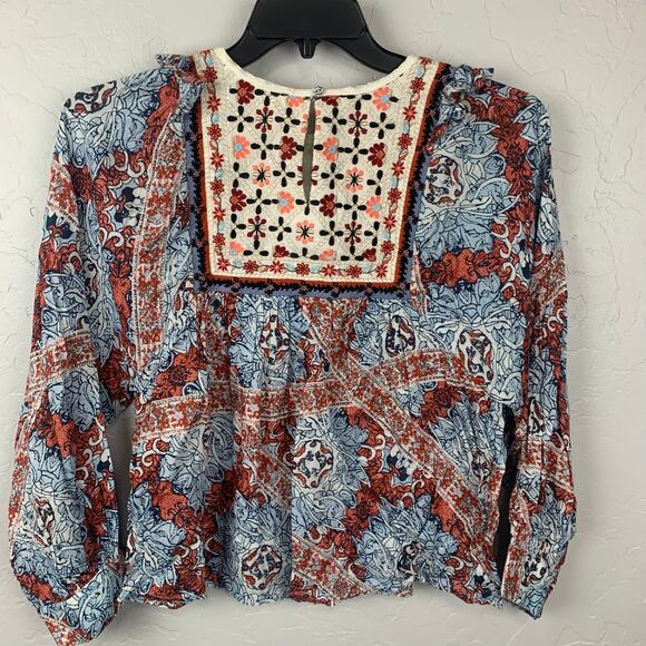 Anthro See Worn Kept Embroidered Blouse Womens Medium Blue Peasant Minuet Tops - Picture 4 of 11
